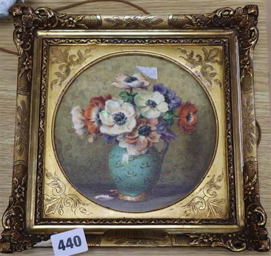 Fournet, watercolour, Still life of anemones in a vase, tondo, 16cm